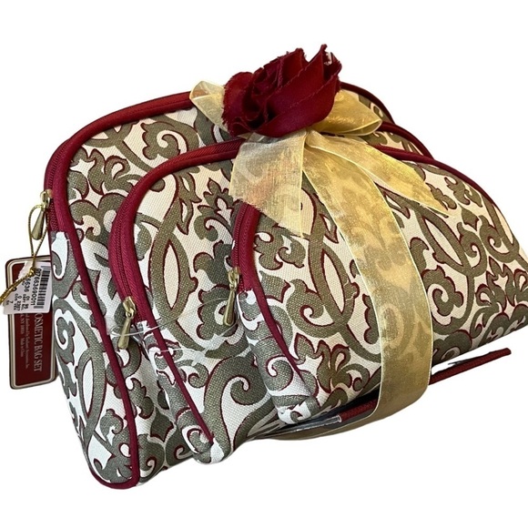 Enchante’ Accessories Inc 3 Piece Cosmetic Bag Set Maroon Gold Tan Scroll Design - Picture 2 of 6
